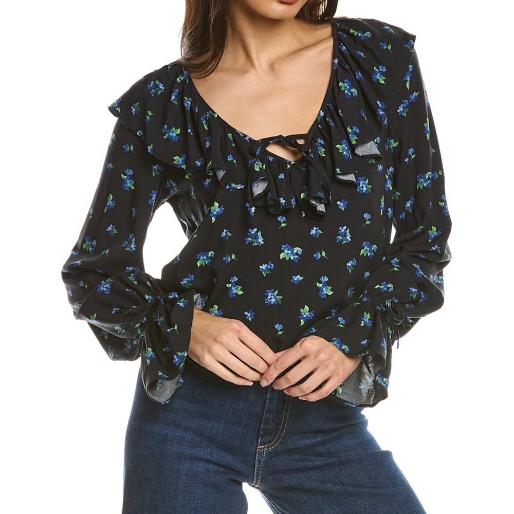 NWT WeWoreWhat Black Blue Floral Ruffle Tie Neck Poet Sleeve Blouse Small